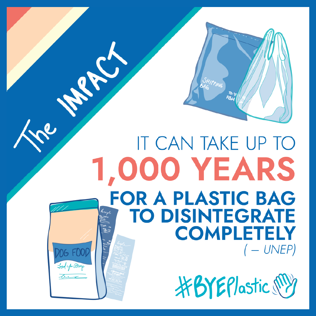 It can take up to 1000 years for a plastic bag to disintigrate completely. Source: UNEP